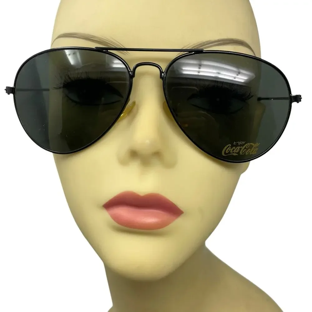 Coca-Cola Vintage Aviator Sunglasses Black Metal Frame Green Lens Coke Logo